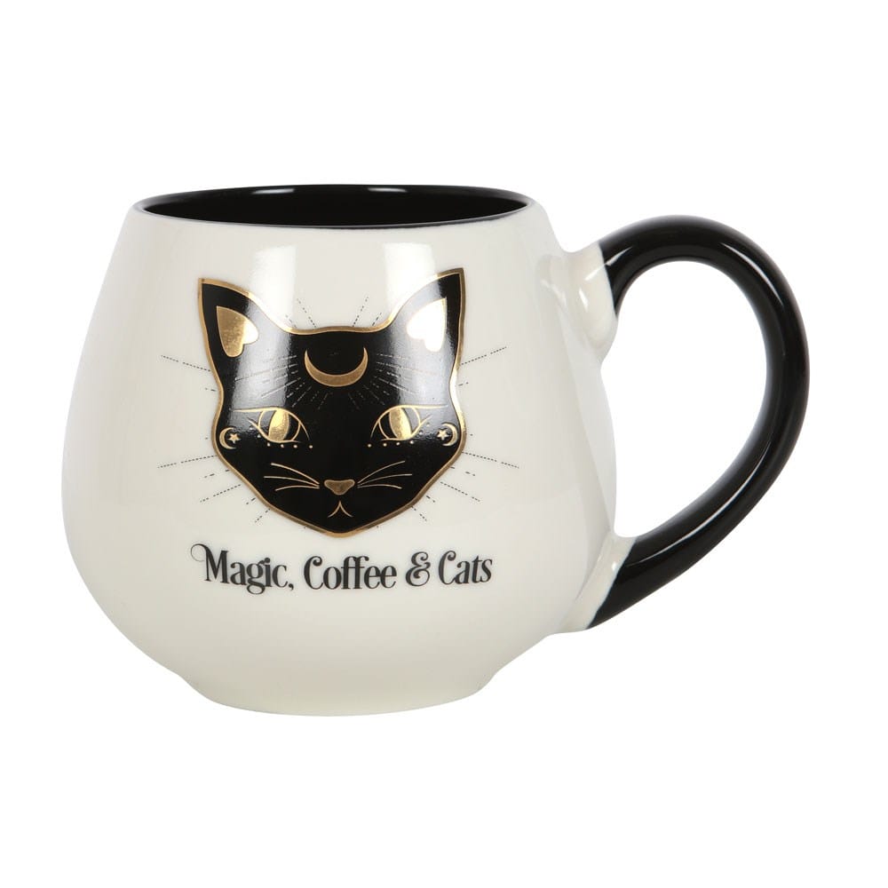 Side view of the Magic, Coffee & Cats rounded ceramic mug featuring mystical black cat artwork.