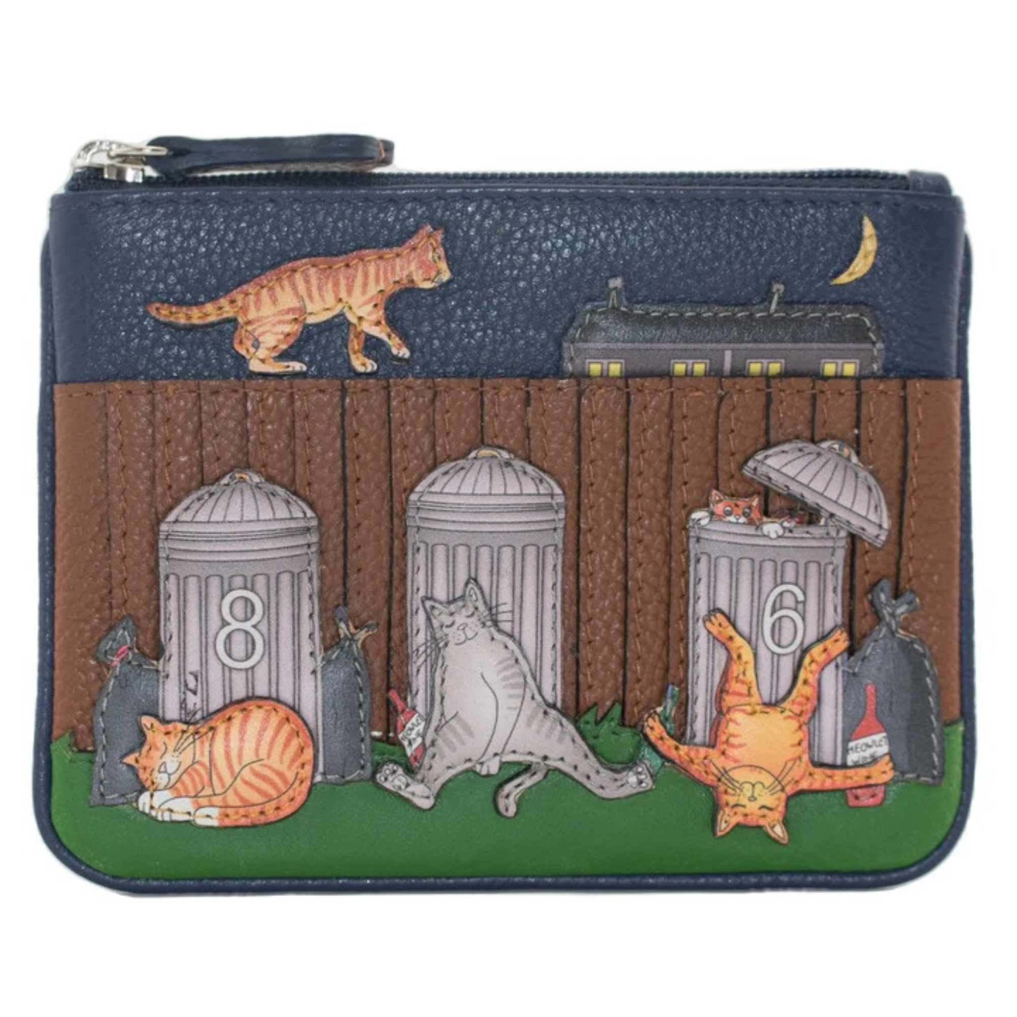 Mala Leather Alley Cats leather coin and card purse with RFID protection featuring playful cat appliqué street scene design
