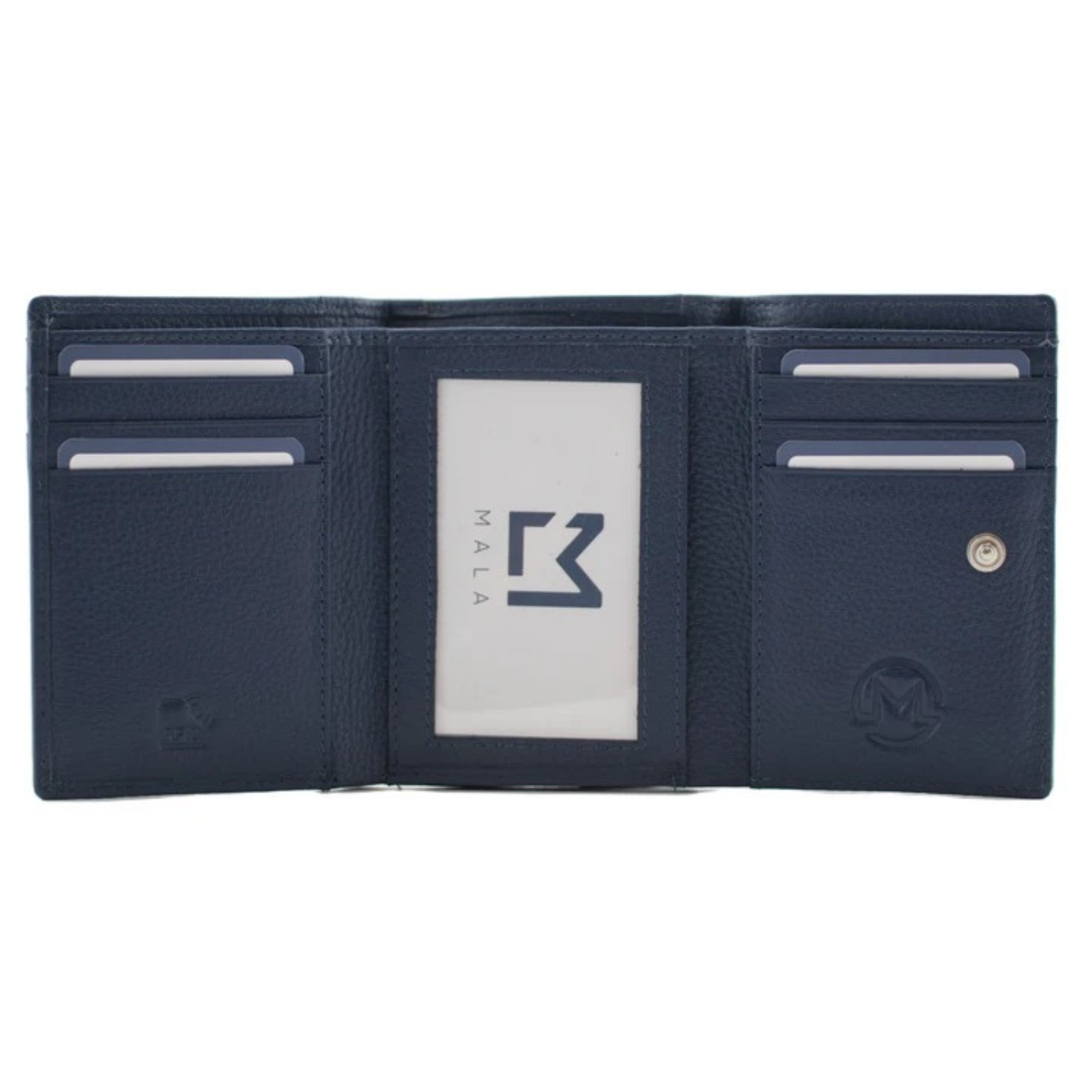 Open view Mala Leather Alley Cats leather tri-fold purse with RFID protection and cat appliqué design