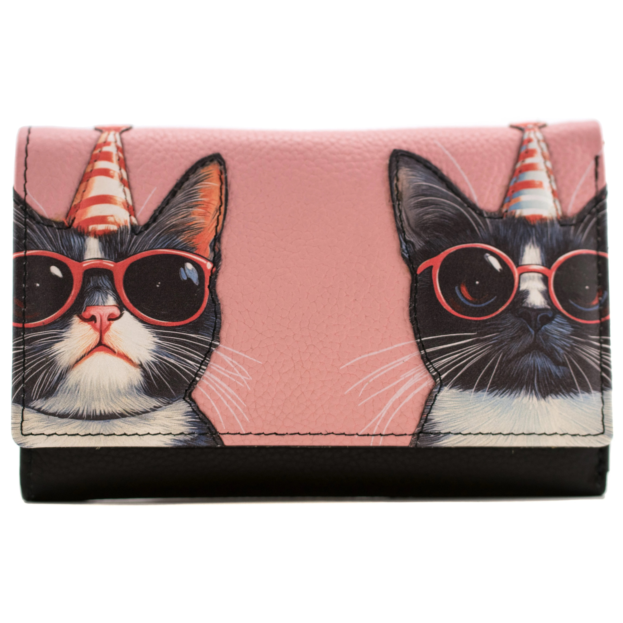 Mala Leather Cool Cats Large RFID Tri-Fold Purse featuring two cats wearing sunglasses and party hats on a pink leather purse 🐾😎🎉