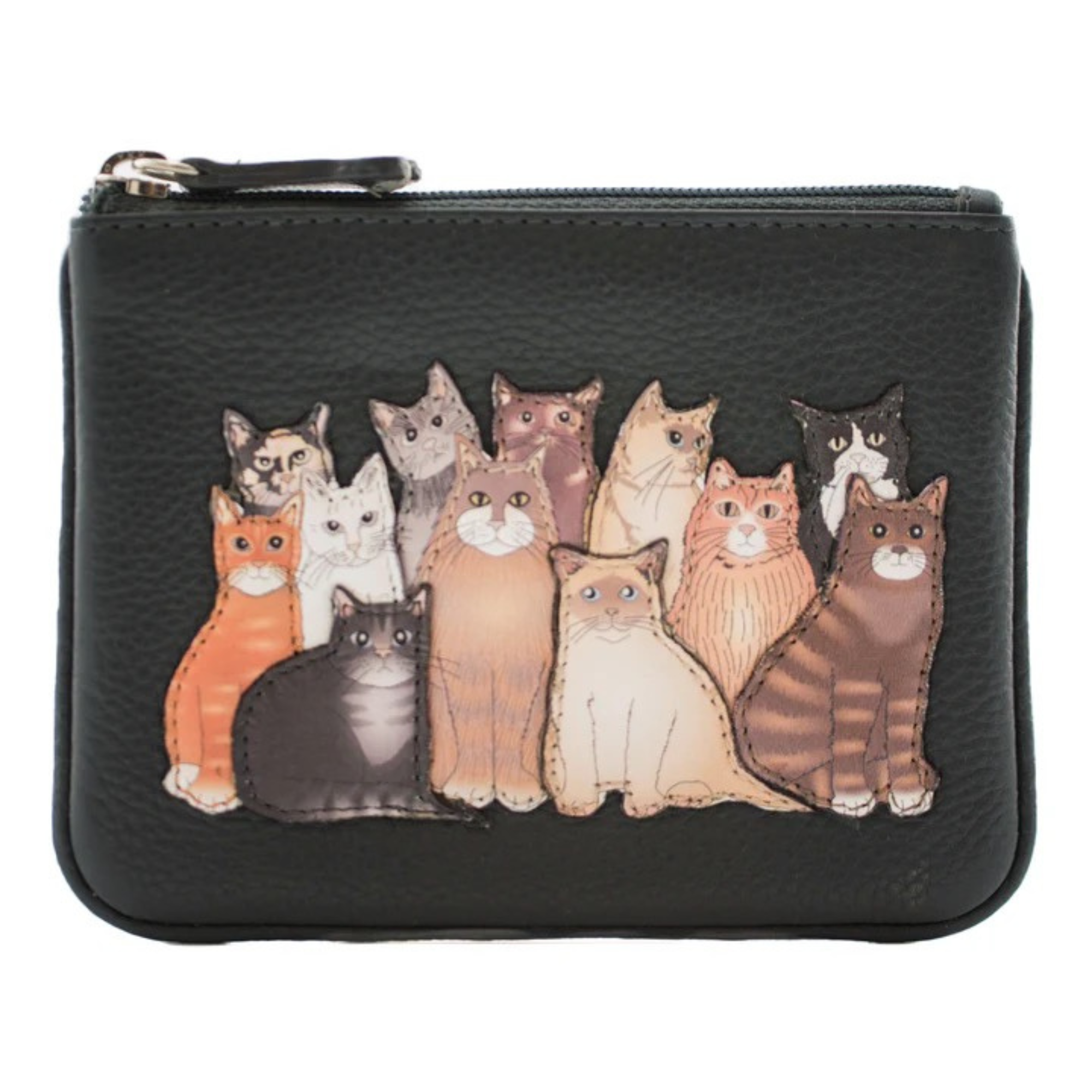 Mala Leather The Meowfia leather coin and card purse with RFID protection featuring a group of cat appliqué characters on soft leather