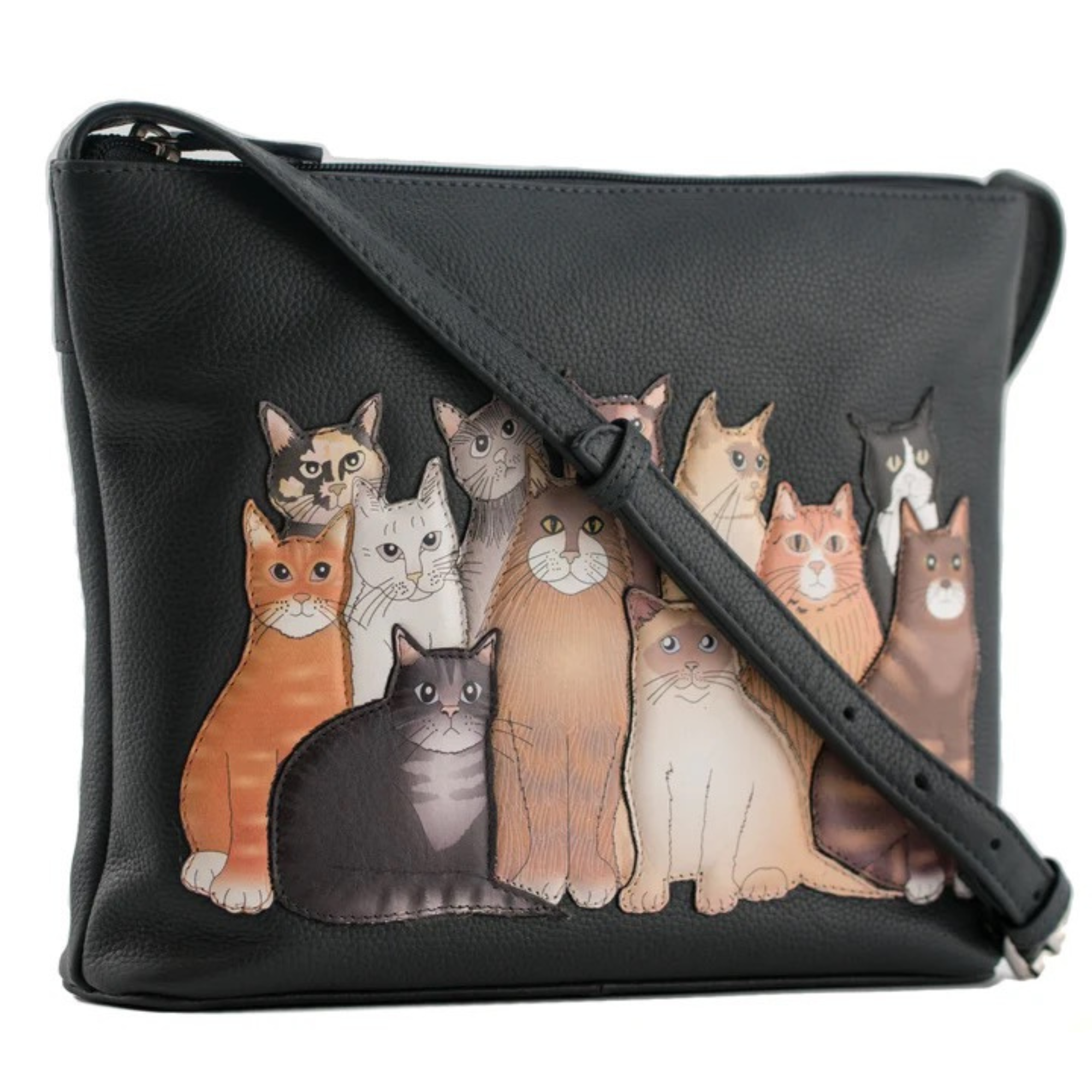 Mala Leather The Meowfia leather midi cross body bag featuring a group of playful cat appliqué characters on soft genuine leather
