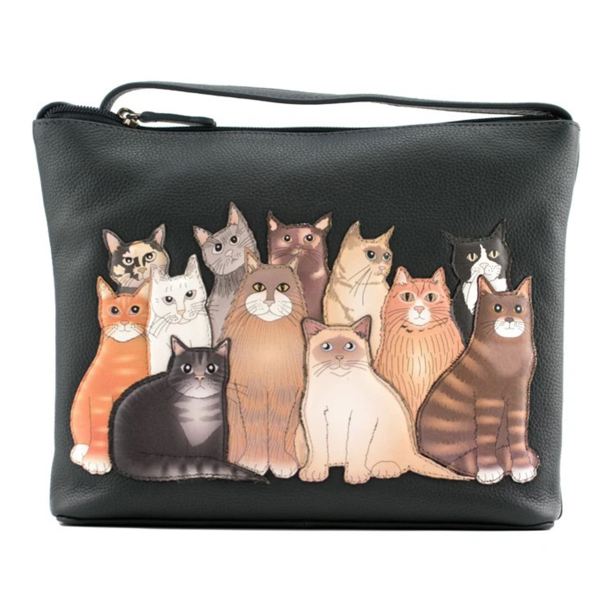 Mala Leather The Meowfia leather midi cross body bag featuring a group of playful cat appliqué characters on soft genuine leather