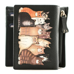 Mala Leather The Meowfia leather tri-fold purse with RFID protection featuring a group of colourful cat appliqué characters on soft genuine leather