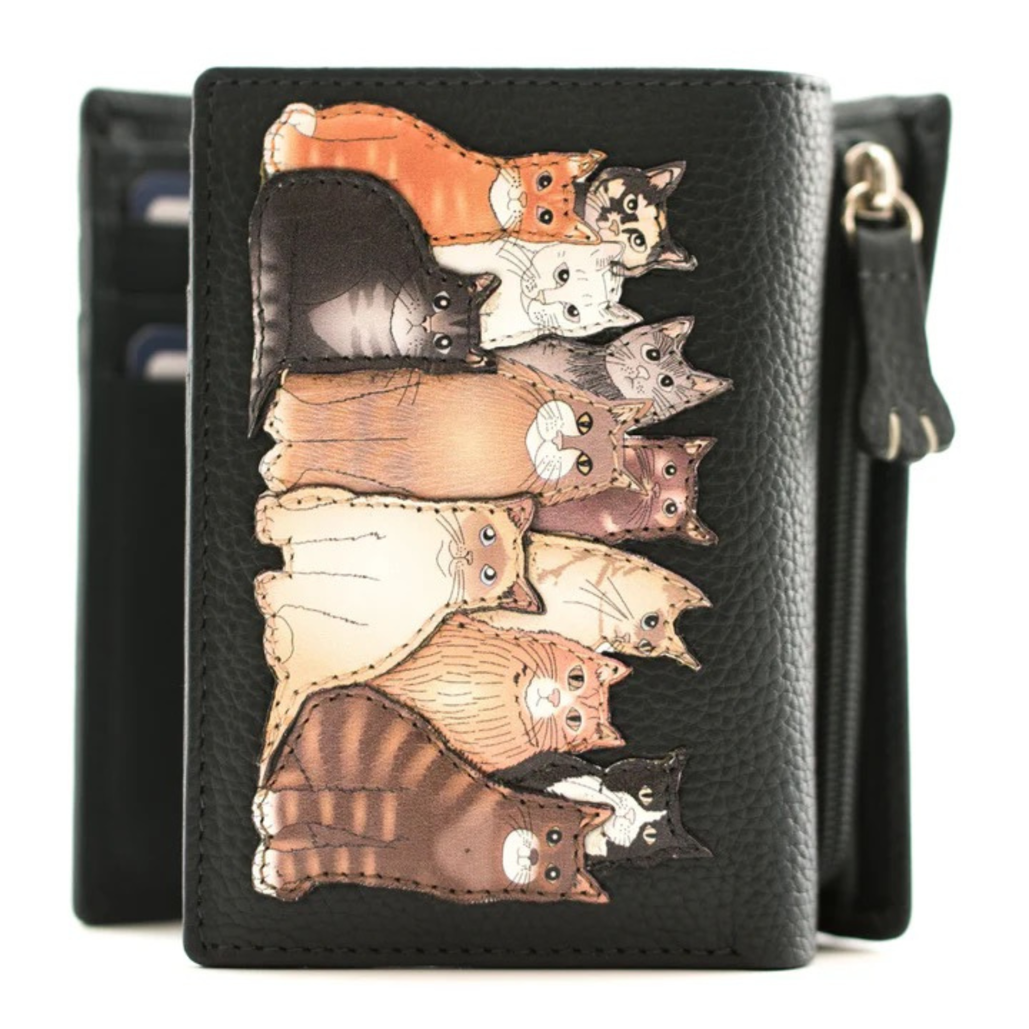 Mala Leather The Meowfia leather tri-fold purse with RFID protection featuring a group of colourful cat appliqué characters on soft genuine leather