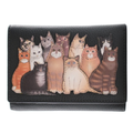 Mala Leather The Meowfia leather tri-fold purse with RFID protection featuring a group of colourful cat appliqué characters on soft genuine leather