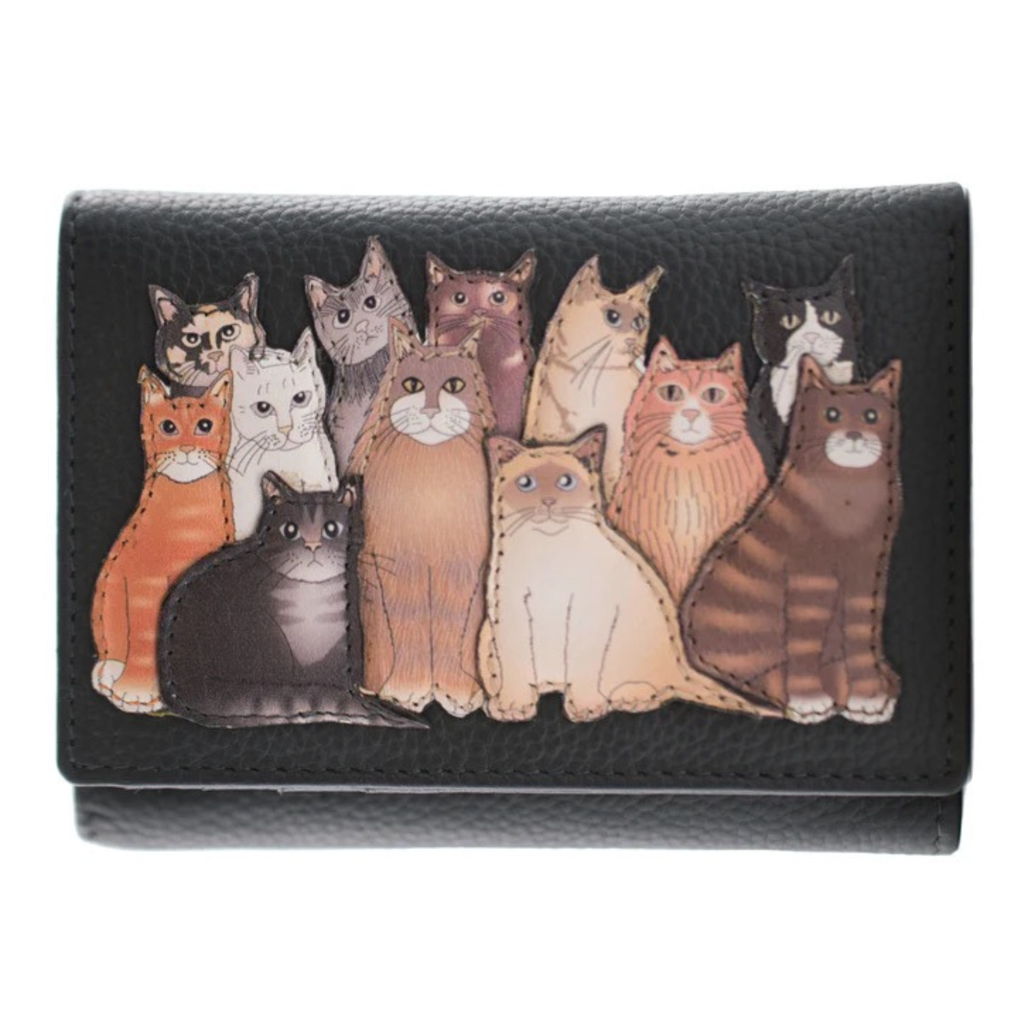 Mala Leather The Meowfia leather tri-fold purse with RFID protection featuring a group of colourful cat appliqué characters on soft genuine leather