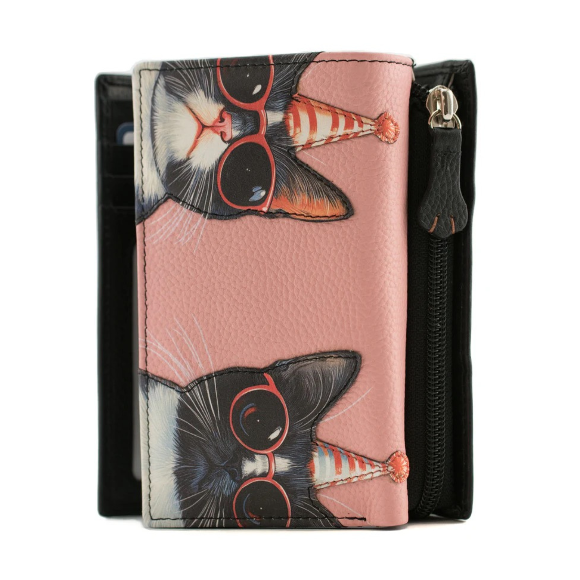 Mala Leather Cool Cats Large RFID Tri-Fold Purse featuring two cats wearing sunglasses and party hats on a pink leather purse 🐾😎🎉