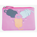 A pink leather coin purse with cat-themed embroidery, including images of a black cat, a grey cat, and a white cat. The purse features a flap closure with a pink zipper.