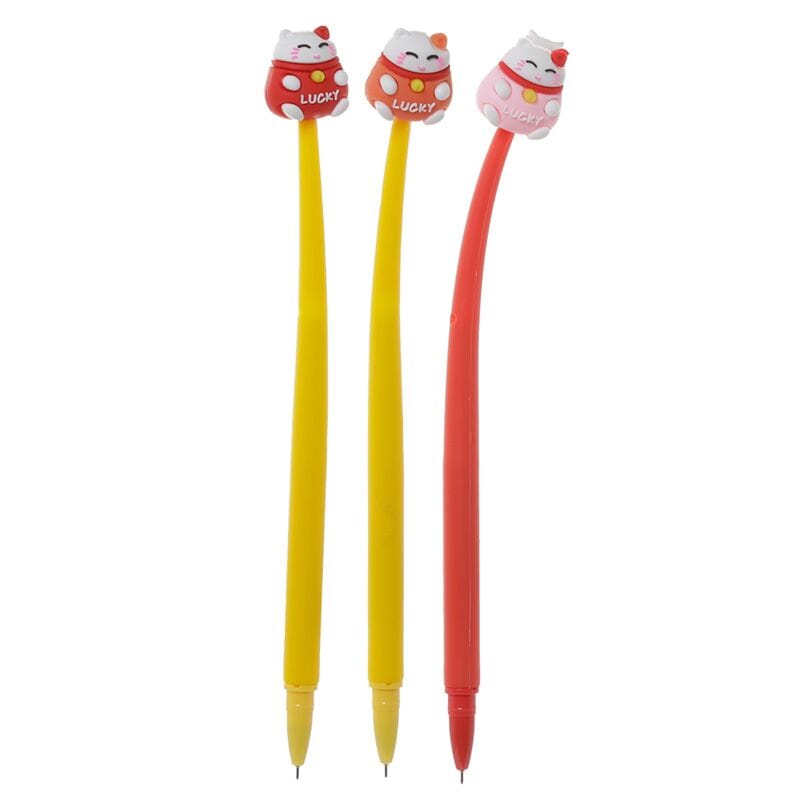 Three colourful Maneki Neko lucky cat bendy fine tip pens with cute white cat toppers, flexible yellow and red barrels and black ink, one supplied at random