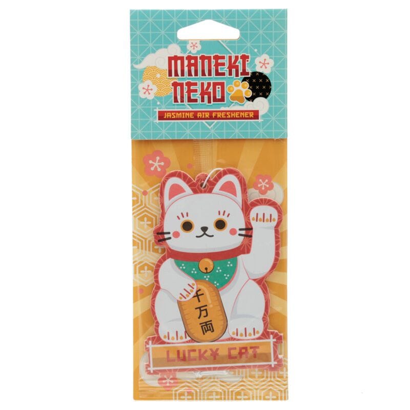 Maneki Neko white lucky cat jasmine scented air freshener in colourful Japanese-inspired packaging with raised paw and golden lucky coin