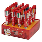 Display of Maneki Neko Lucky Cat six-colour pens with cheerful red barrels, Japanese cat artwork and colourful ink selectors