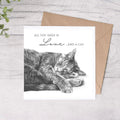Marie Brown All You Need is Love & a Cat card featuring Maggie the sleeping tabby cat