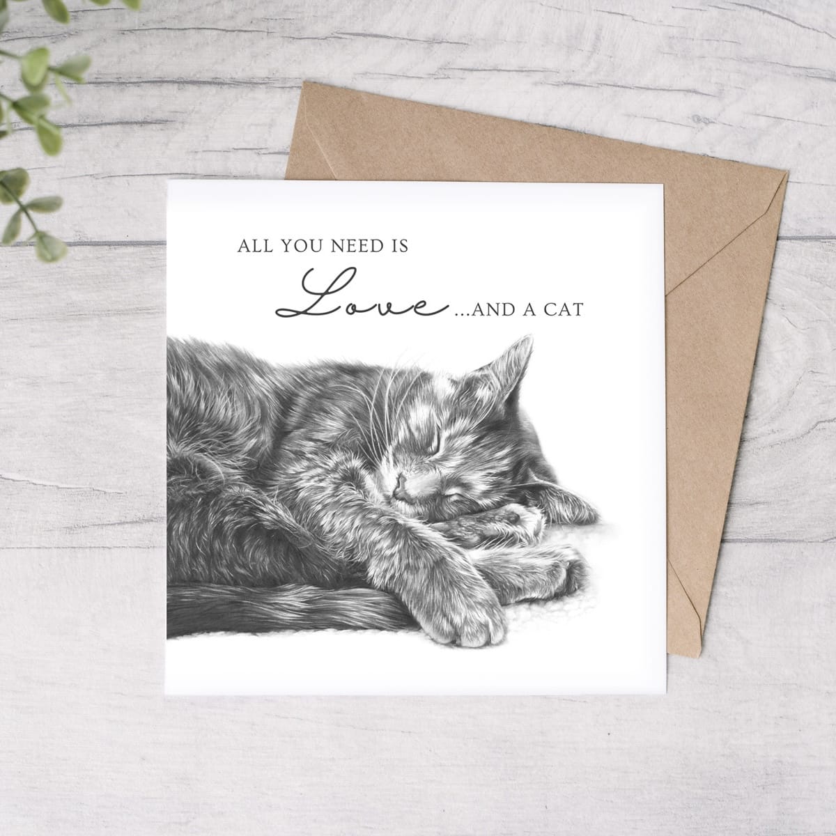 Marie Brown All You Need is Love & a Cat card featuring Maggie the sleeping tabby cat