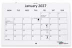 Marie Brown 2027 Cat Calendar January page showing spacious date boxes, bank holidays and moon phases