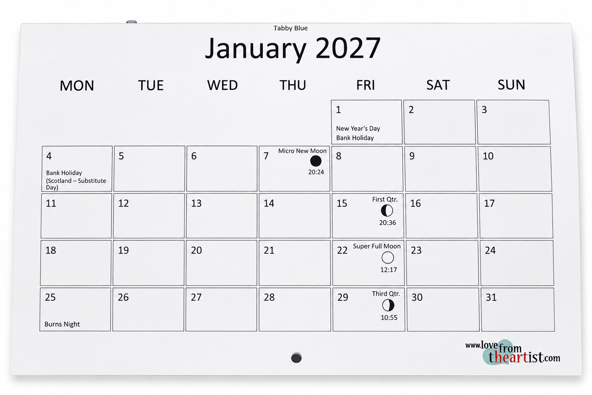 Marie Brown 2027 Cat Calendar January page showing spacious date boxes, bank holidays and moon phases