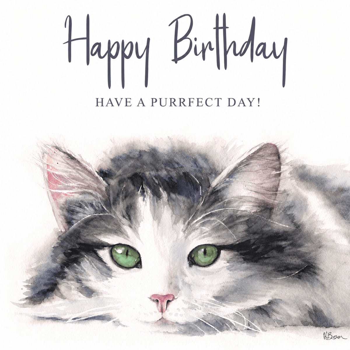 Marie Brown Green Eyes birthday card featuring a grey and white cat with striking green eyes and Happy Birthday message