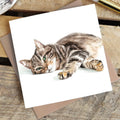 Marie Brown Resting Tabby Cat greeting card featuring watercolour cat artwork