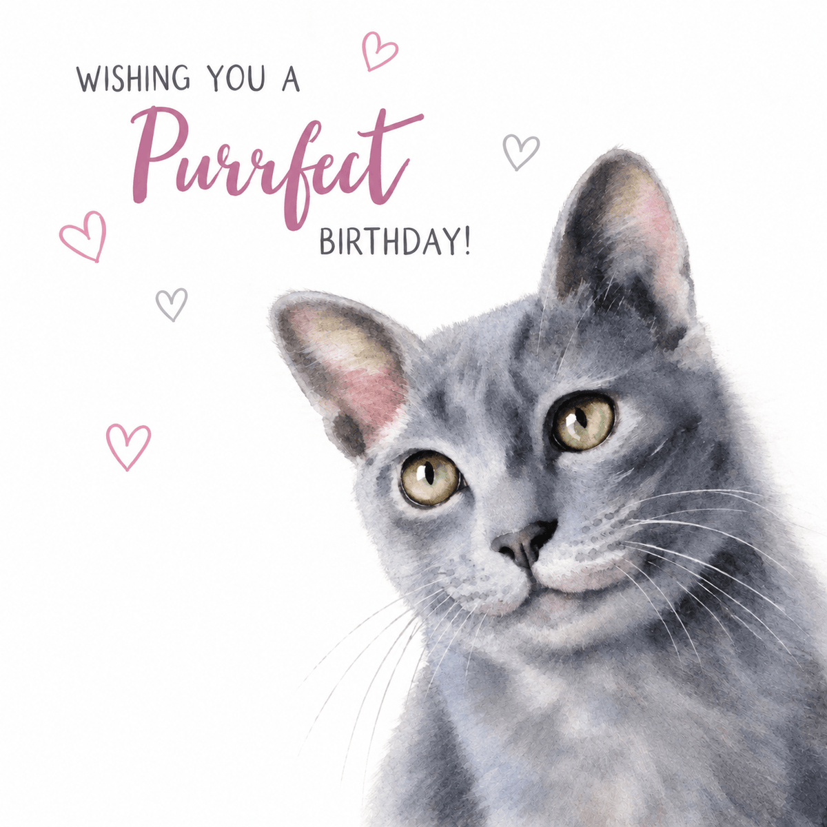 Marie Brown Russian Blue birthday card featuring a blue-grey cat with golden eyes, hearts and Wishing You a Purrfect Birthday message