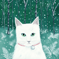 Mary Stubberfield Forest Cat Christmas greeting card featuring a white cat with green eyes in a snowy winter woodland