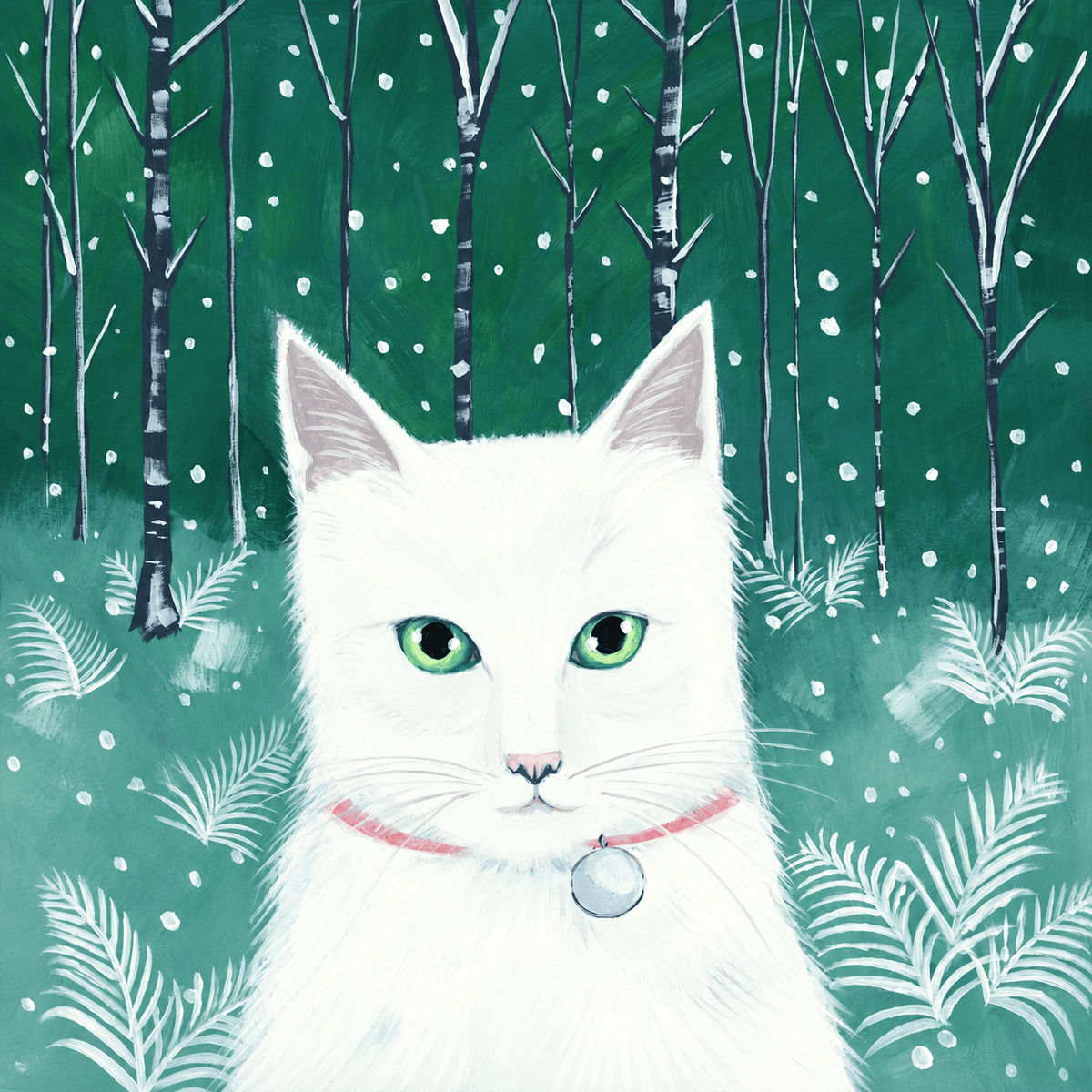 Mary Stubberfield Forest Cat Christmas greeting card featuring a white cat with green eyes in a snowy winter woodland