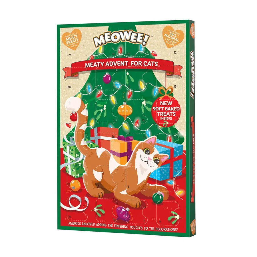 Meowee Meaty Cat Christmas Advent Calendar 36g with chicken and tuna treats, Christmas tree and mischievous ginger cat Maurice