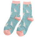 Miss Sparrow ladies' duck egg blue bamboo socks with tabby cat design laid flat as a pair
