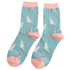 Miss Sparrow ladies' duck egg blue bamboo socks with tabby cat design laid flat as a pair