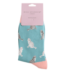 Miss Sparrow ladies' duck egg bamboo socks with grey and white tabby cat design in branded packaging