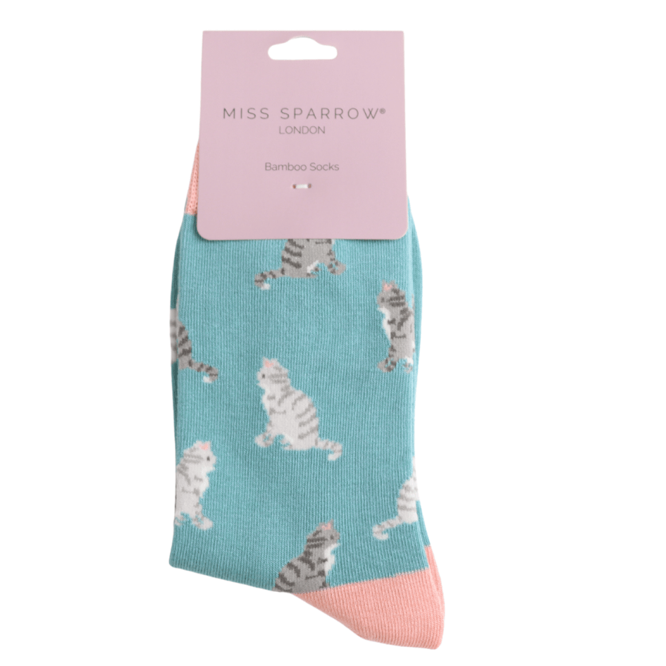 Miss Sparrow ladies' duck egg bamboo socks with grey and white tabby cat design in branded packaging