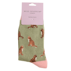 Miss Sparrow ladies’ olive Tabby Cats bamboo socks with ginger cat design, pink toe and branded packaging