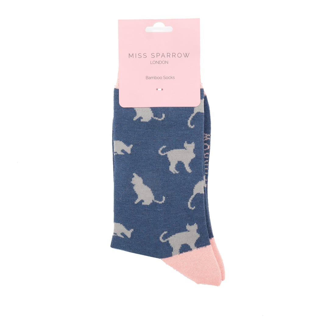 Packaged Miss Sparrow Ladies Cats bamboo socks in navy with grey cat silhouettes and blush pink cuffs, heels and toes.