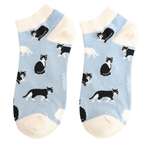Pair of Miss Sparrow ladies' powder blue bamboo trainer socks featuring playful black and white cats in different poses with cream cuffs, heels and toes.