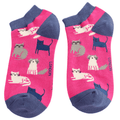 Pair of Miss Sparrow ladies' hot pink bamboo trainer socks featuring white, grey and navy kittens with contrasting navy cuffs, heels and toes.