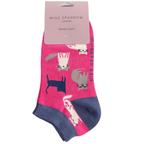 Packaged Miss Sparrow Ladies Cute Kitten bamboo trainer socks in hot pink featuring white, grey and navy kittens with contrasting navy cuffs, heels and toes.