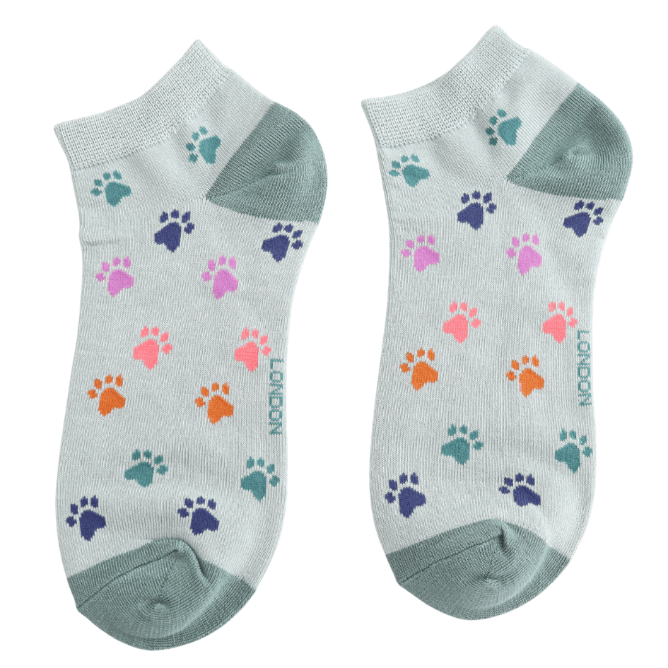 Miss Sparrow Ladies Bamboo Trainer Socks – Multi Paw Prints Duck Egg