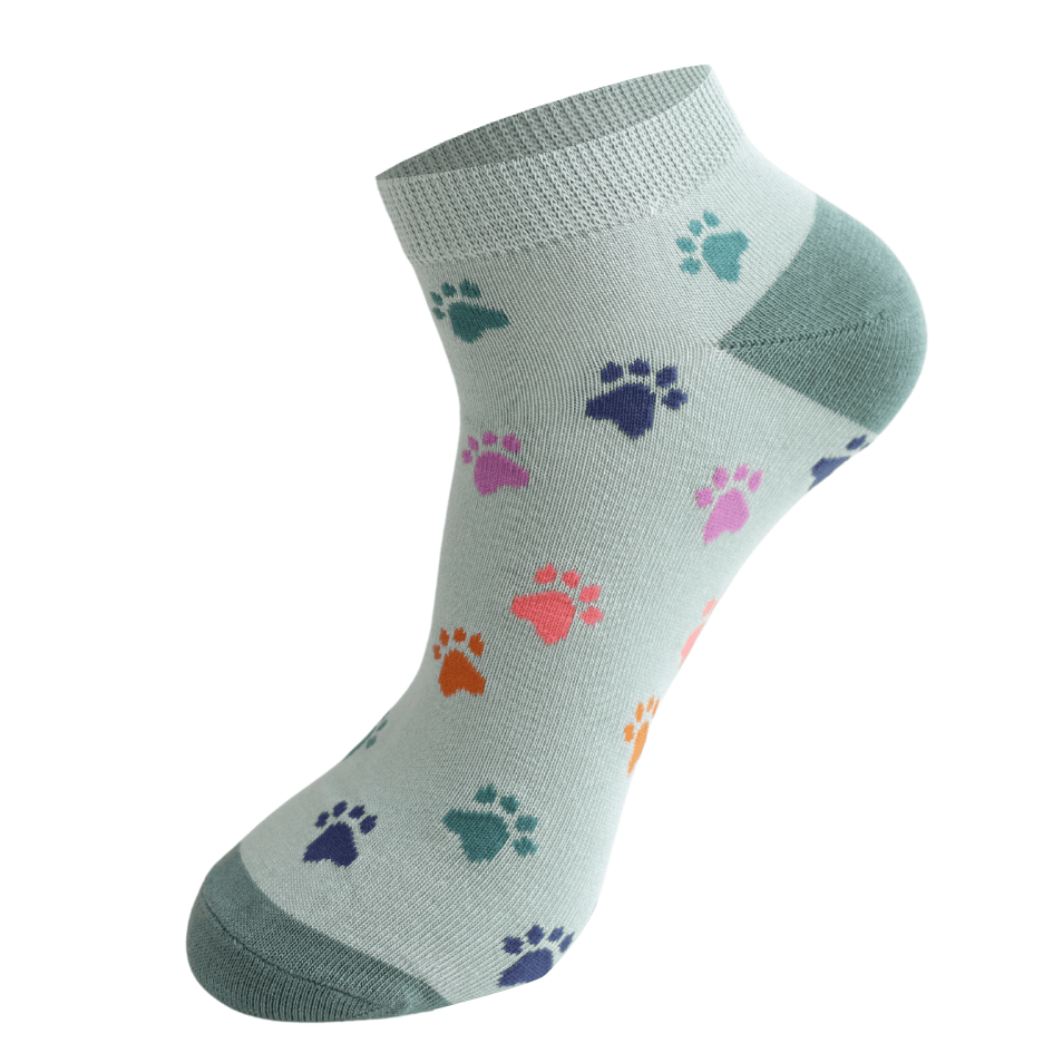 Miss Sparrow Ladies Bamboo Trainer Socks – Multi Paw Prints Duck Egg