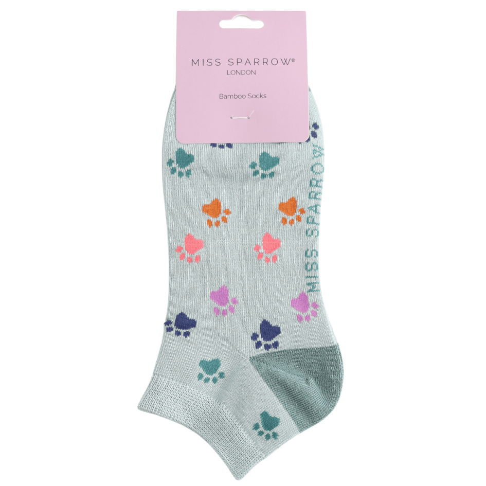 Miss Sparrow Ladies Bamboo Trainer Socks – Multi Paw Prints Duck Egg