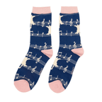 Pair of Miss Sparrow Ladies Bamboo Socks in navy featuring cream cat silhouettes, musical notes and staves with soft pink cuffs, heels and toes.