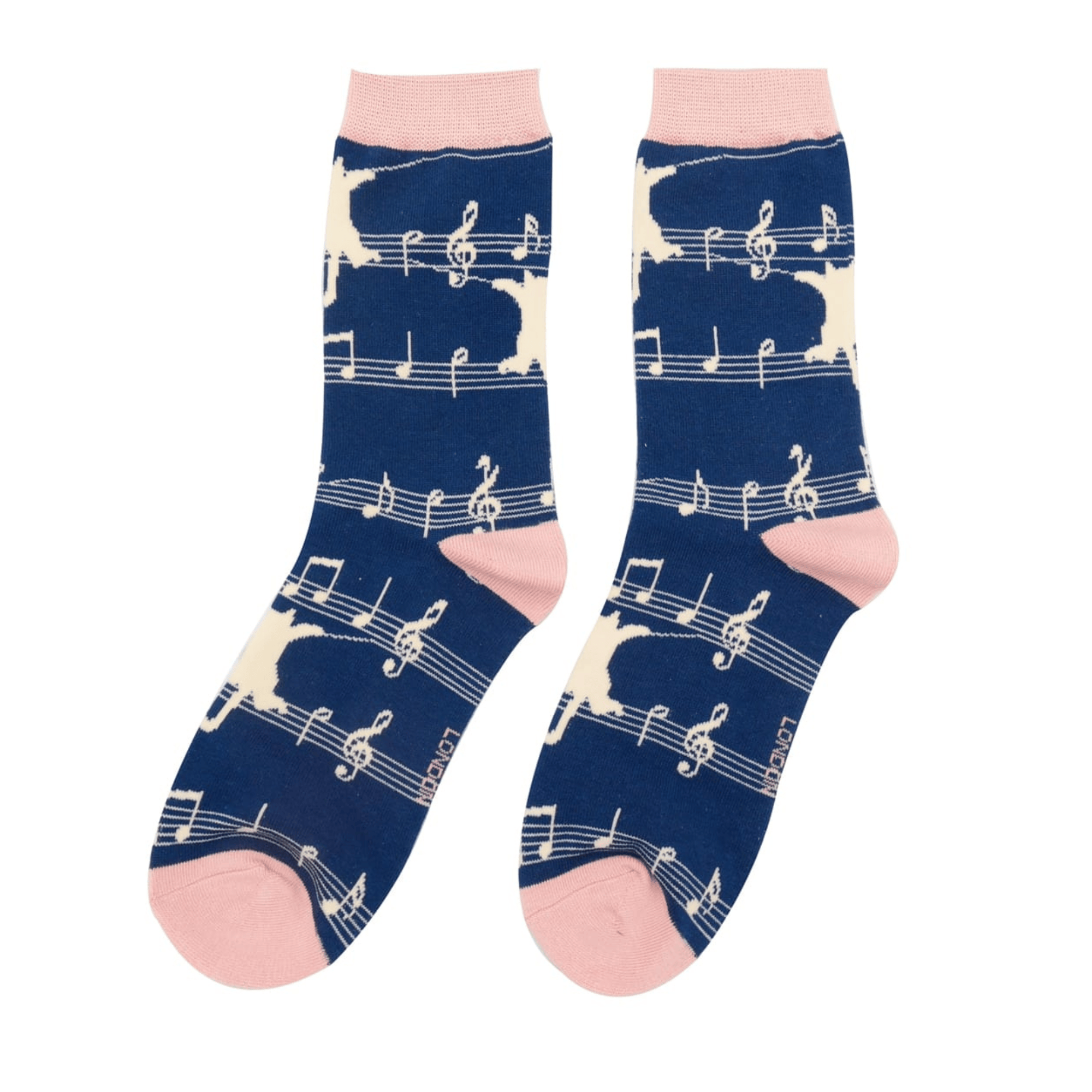Pair of Miss Sparrow Ladies Bamboo Socks in navy featuring cream cat silhouettes, musical notes and staves with soft pink cuffs, heels and toes.