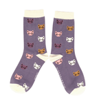 Pair of Miss Sparrow 'Kitty Faces' bamboo socks in lavender, showcasing an all-over pattern of colourful feline faces with contrasting cream heels, toes and cuffs.