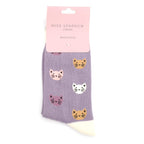 Miss Sparrow Ladies Bamboo Cat Socks 'Kitty Faces' in lavender shown in branded packaging, decorated with playful cat faces in pink, cream, plum and golden mustard.