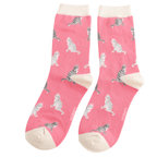 Miss Sparrow ladies' pink bamboo socks with grey and white tabby cats