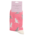 Miss Sparrow Tabby Cats pink bamboo socks in branded packaging
