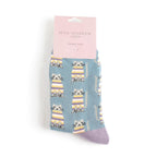 Miss Sparrow Ladies Bamboo Cat Socks 'Cosy Kitties' in denim blue shown in branded packaging, decorated with charming striped kitten designs and coordinating lavender toe detail.