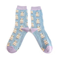 Pair of Miss Sparrow Ladies Bamboo Cat Socks 'Cosy Kitties' in denim blue, featuring adorable pastel striped cats with soft lavender heels, toes and cuffs on a denim blue background.