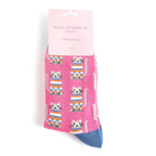 Miss Sparrow Ladies Bamboo Cat Socks 'Cosy Kitties' in hot pink shown in branded packaging, featuring playful striped kitten designs with denim blue toe detail.