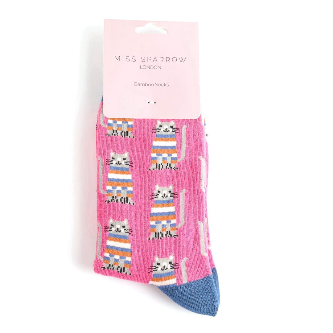 Miss Sparrow Ladies Bamboo Cat Socks 'Cosy Kitties' in hot pink shown in branded packaging, featuring playful striped kitten designs with denim blue toe detail.