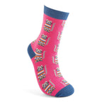 Miss Sparrow Ladies Bamboo Cat Socks 'Cosy Kitties' in hot pink, displayed on a mannequin foot with adorable striped cats, a vibrant pink background and contrasting denim blue cuff, heel and toe.