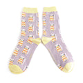 Pair of Miss Sparrow Ladies Bamboo Cat Socks 'Cosy Kitties' in lavender, featuring adorable pastel striped cats with sunny yellow heels, toes and cuffs on a soft lavender background.